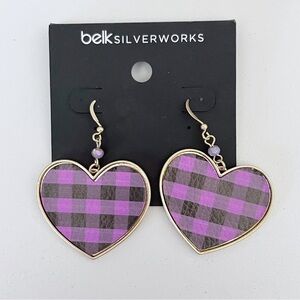 Belk Purple Gingham Plaid Gold Plated Dangle Heart Earrings